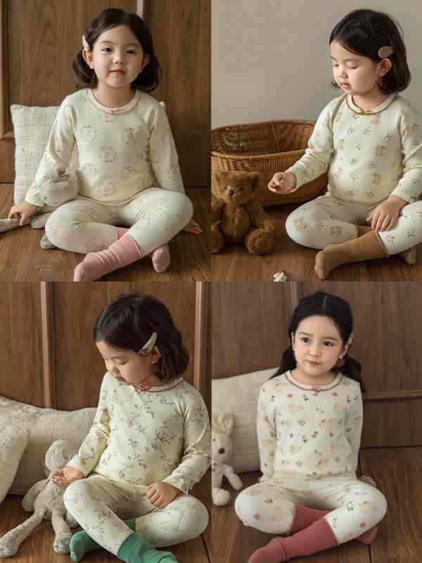 子供用パジャマ 2点セット ガールズ 上下セット 長袖 長ズボン 綿100％ かわいい小花柄 小熊プリント 秋