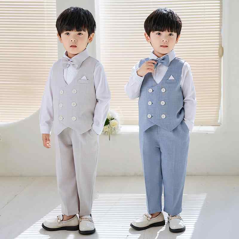 子供用フォーマルスーツ 春秋 3点セット(ベスト + 長ズボン + 蝶ネクタイ)男の子 おしゃれ 発表会 結婚式 誕生日 グレー 80cm 90cm 100cm 110cm 120cm 130cm 140cm 150cm