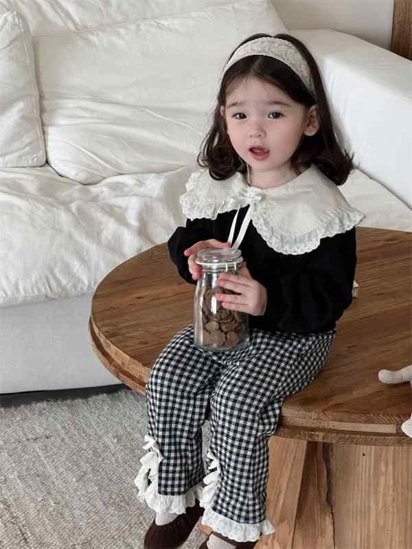 子供用セットアップ 秋物 ベビー服 女の子 花柄襟付きスウェット 格子柄パンツ 上下セット 73CM 80cm 90cm 100cm 110cm かわいい 韓国風 おしゃれ