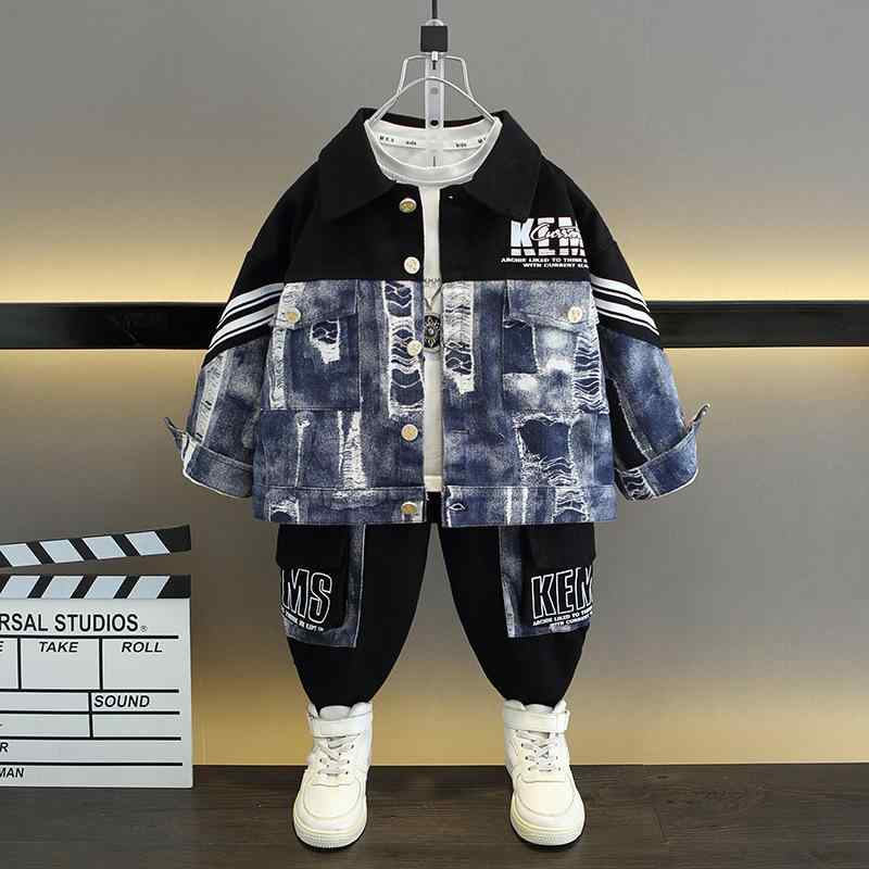 子供用セットアップ 子供服 男の子 デニム 上下セット 長袖 トップス ズボン 春秋 カジュアル スポーティー ブラック ブルー