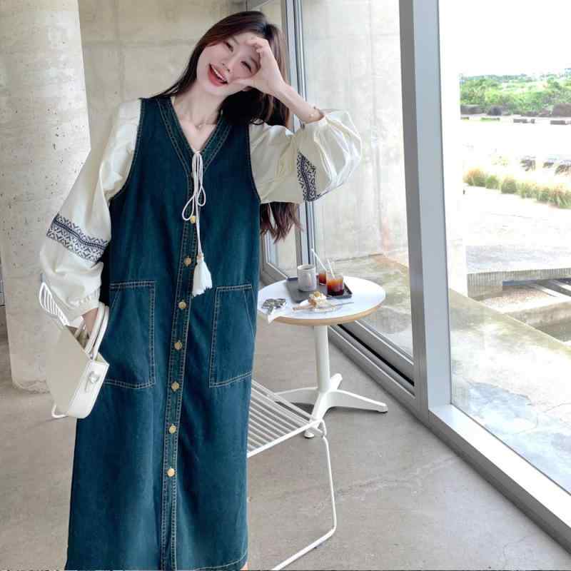 レディース スコート仕掛ける 平服スコート 牛仔スコート 紺色 純色 中長丈 衣嚢 長袖 プルオーバー 仕掛ける 精神状態 通い風 軽熟風 韓国風 春陽 牛仔布 ポリエステル 95% 以上 認知的内容 ?? ポリエステル衣料繊維 休? 精神状態 通い スコート仕掛ける お上さん用 袖