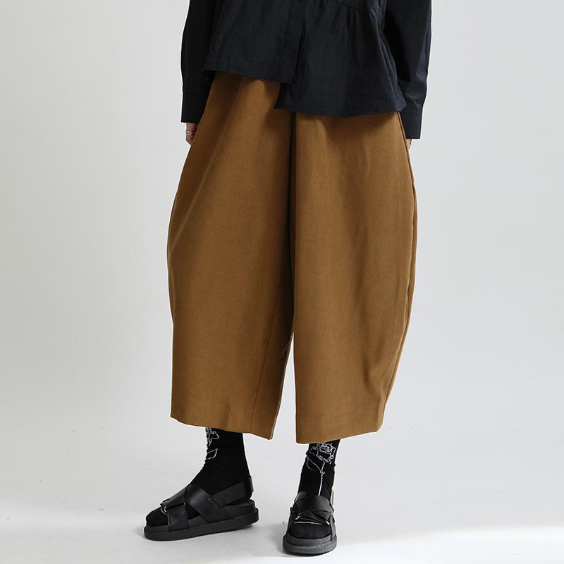 パンツ レディース 秋冬 レトロ 磨毛 ワイドレッグパンツ ゆったり 体型カバー 美脚 9分丈パンツ ブラック ブラウン系 コットン 混紡 普段使い カジュアルスタイル