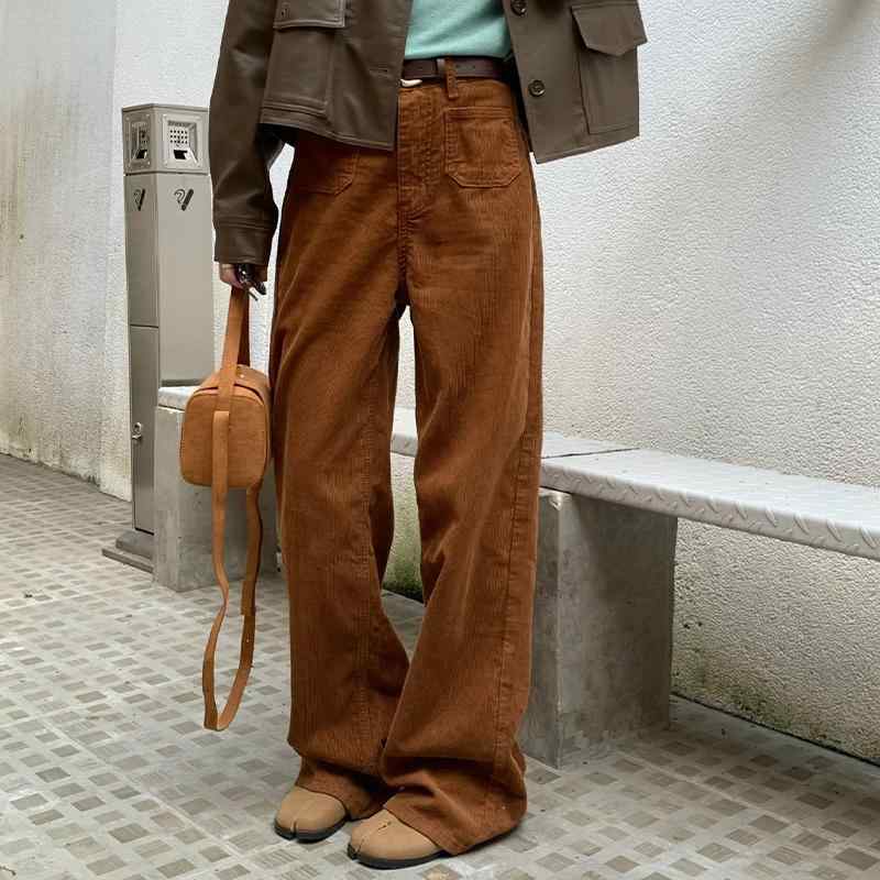 パンツ レディース コーデュロイパンツ レトロ 直筒パンツ ロングパンツ ゆったり 普段使い 体型カバー 伸縮性 中 толстовка брюки женские ポリエステル混紡 グレー系