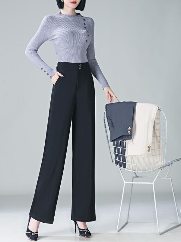 パンツ レディース 高腰 ワイドレッグパンツ ポリエステル スーツパンツ ゆったり ストレート 厚手 秋冬 米白色 黒