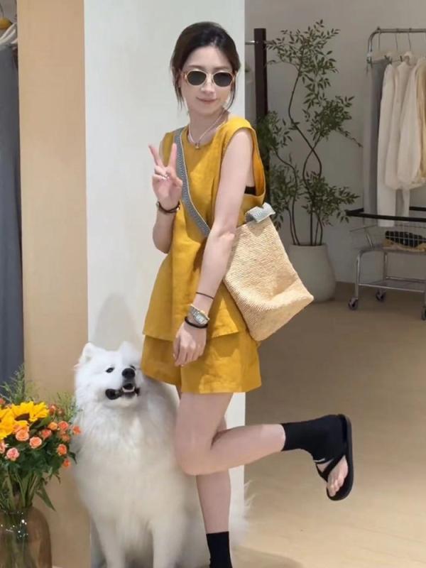 セットアップ レディース 韓国風 ノースリーブ トップス + ワイド キュロット 2点 セット 無地 S M L XL 黄色 紺色