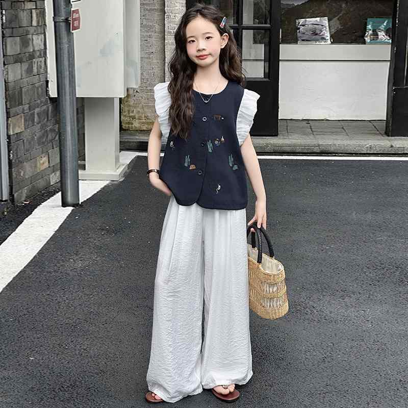 子供服 女の子 ノースリーブ ブラウス パンツ セットアップ 薄手 カジュアル 韓国風 かわいい 夏服 140cm 150cm 160cm 170cm