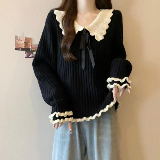 ニット レディース 秋冬 デザイン ニットソー 襟付き トップス シャーリング 無地 かわいい ブラック系 ゆったり プルオーバー 私服