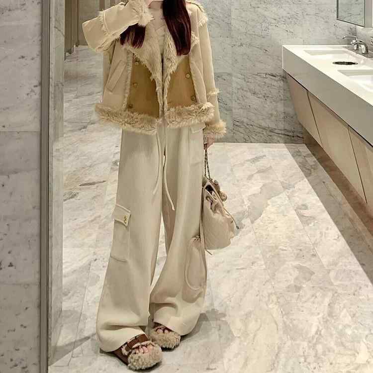 上衣 レディース 烏兎 フェイクファー 上衣 アウター 色彩設計 ゆったり 黄味がかった 赤銅色系 衣嚢 名取り草 長袖 POLO襟 遊撃手丈
