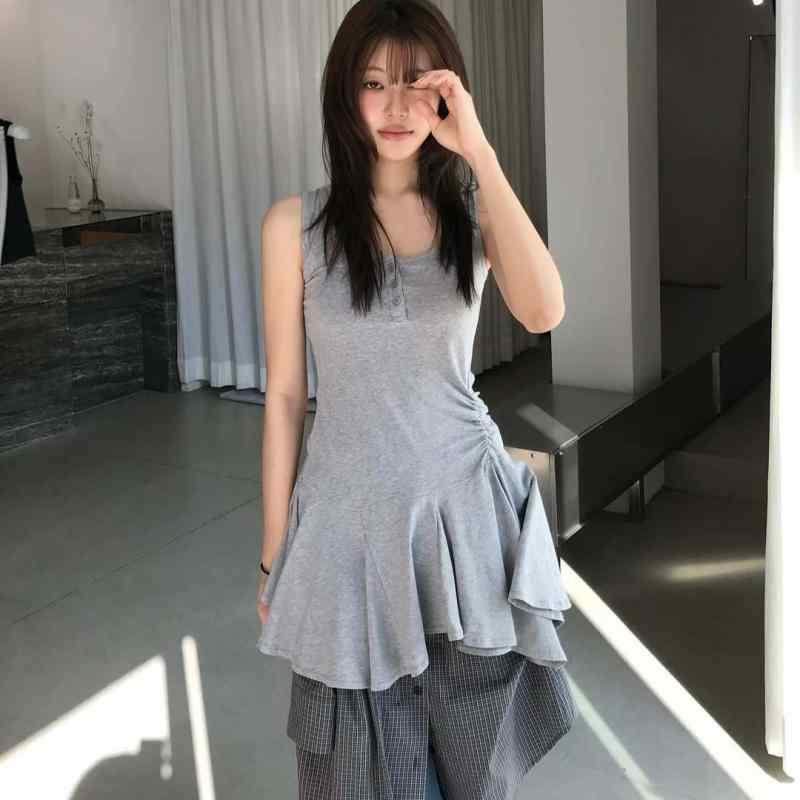 ワンピース レディース 春夏 吊りスカート ミモレ丈 モダール ノースリーブ ギャザー 切り替え 無地 韓国風 日韓カジュアル 普段使い