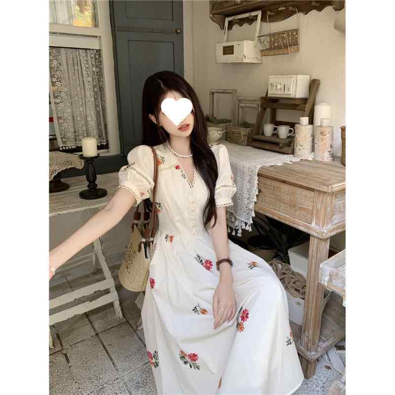 ワンピース 大きいサイズ レディース フレンチレトロ 花柄 Aライン Vネック 半袖 ロングワンピース 麻 ゆったり 体型カバー 着痩せ 春夏