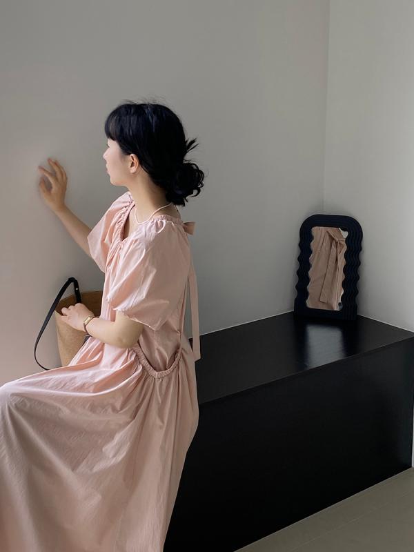 ワンピース レディース Vネック 泡パフスリーブ Aライン ロング丈 ゆったりサイズ 韓国風 コットン 無地 ピンク系 7,405円