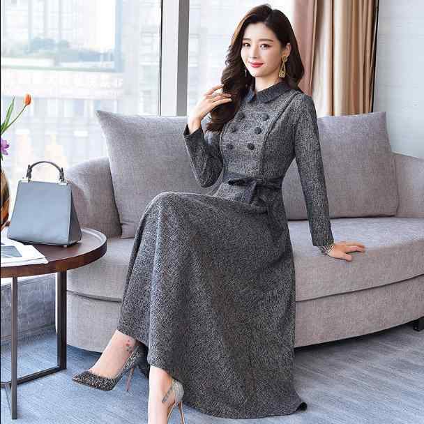 ワンピース レディース 春物 長袖 ロング丈 POLOネック Aライン 日韓風 きれいめ ポリエステル 普段使い