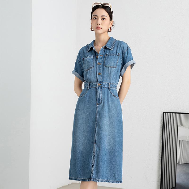 デニムワンピース レディース Aライン 半袖 ひざ丈 POLOネック ウォッシュ加工 ブルー 春夏 カジュアル 高見え|シャドーテール