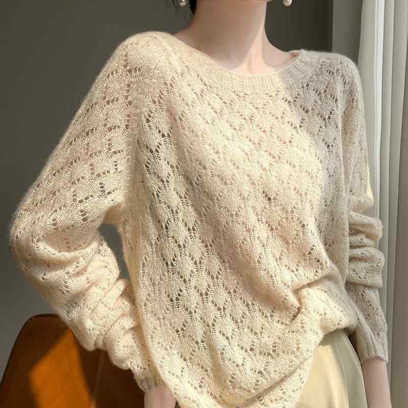ニット レディース 77% カシミヤ 23% 桑 絹 シルク 透かし編み サマーニット 薄手 長袖 プルオーバー トップス ラウンドネック ゆったり 春夏 本青色 藕粉紫 浅灰色 米白色 野・摩瑰