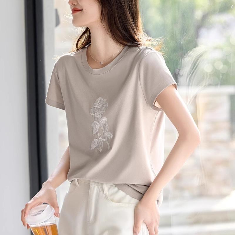Tシャツ レディース レース コットン 刺繍 半袖 トップス 夏 ラウンドネック 灰 カーキ ゆったり かわいい 日韓風 カジュアル