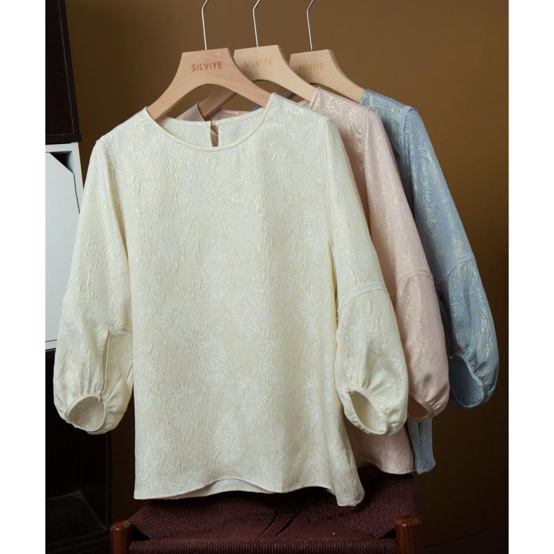 Tシャツ レディース トップス シルククレープ 織り柄 ジャガード レース ランタンスリーブ 七分袖 プルオーバー シルク100% 米白色 ピンク系 ブルー 通勤