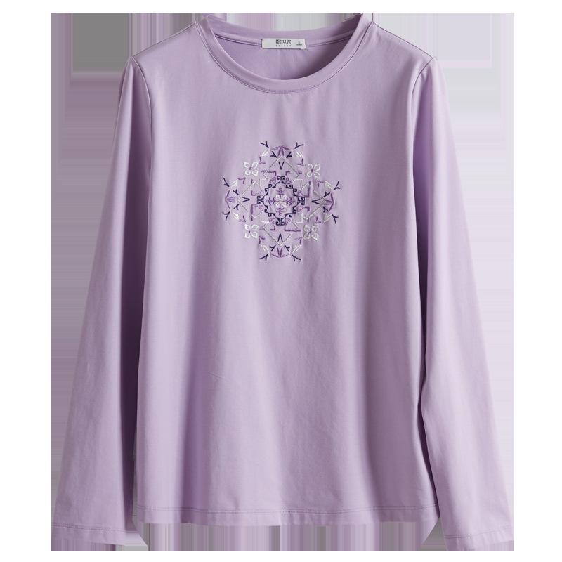 Tシャツ レディース 春物 長袖 コットン エスニック ボタニカル 刺繍 ラウンドネック ゆったり ブルー系 ホワイト パープル オレンジ レッド グレー｜シャドーテール