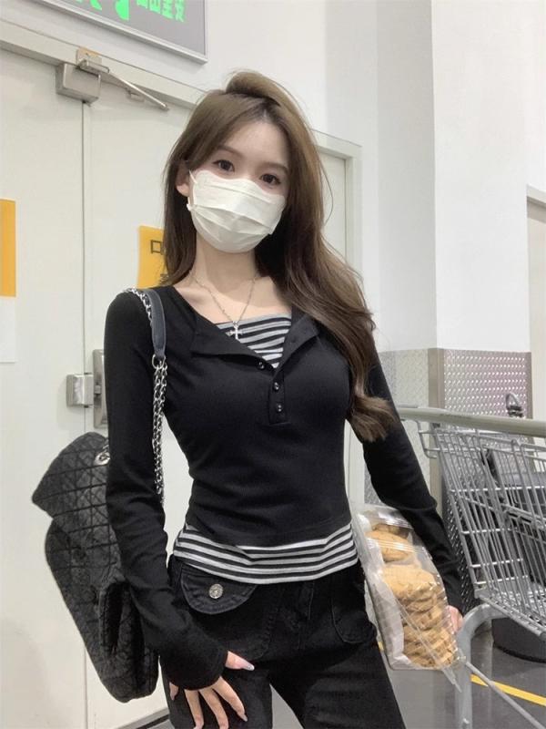 Tシャツ レディース 春秋 韓国風 ストライプ柄 切り替え 長袖 トップス スリム Vネック コットン 通勤 ブラック ホワイト