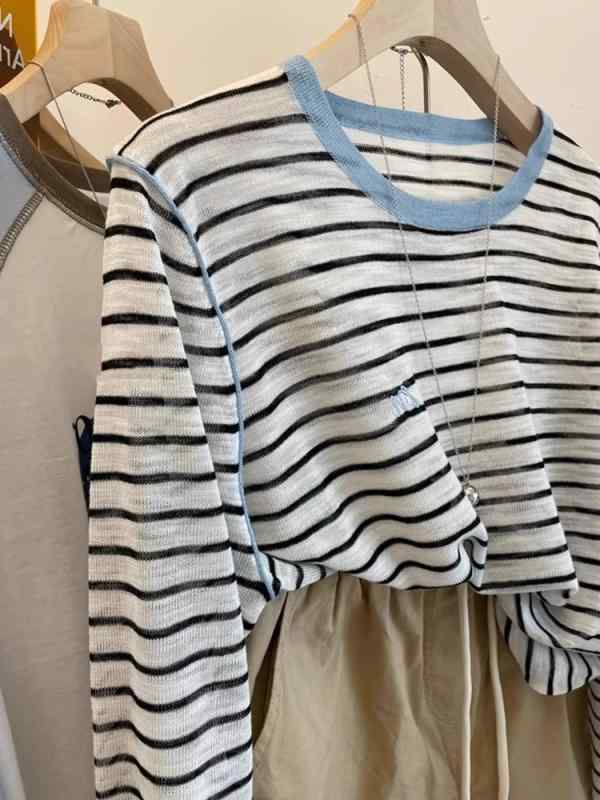 Tシャツ レディース ボーダー柄 刺・墸 接触冷感 ニット 長袖 薄手 ゆったり 日韓 カジュアル 黒白