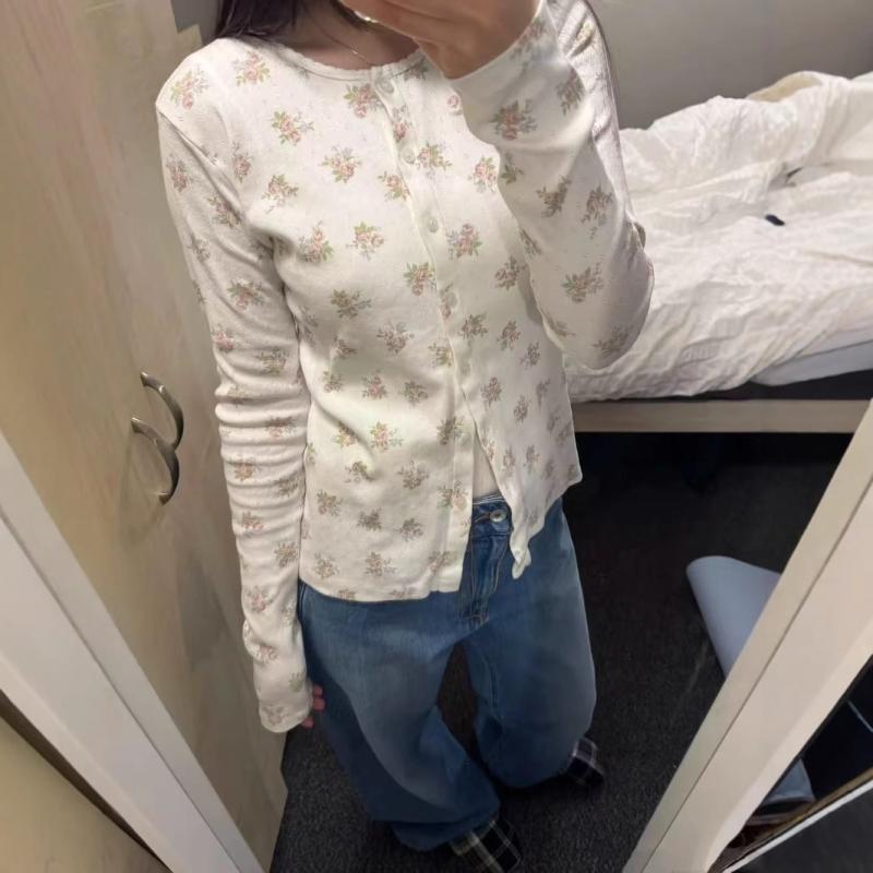 Tシャツ レディース ラウンドネック 小花柄 バラ柄 長袖 トップス カーディガン コットン 前開き シングルブレスト ピンク系 春 スウィート かわいい フェミニン
