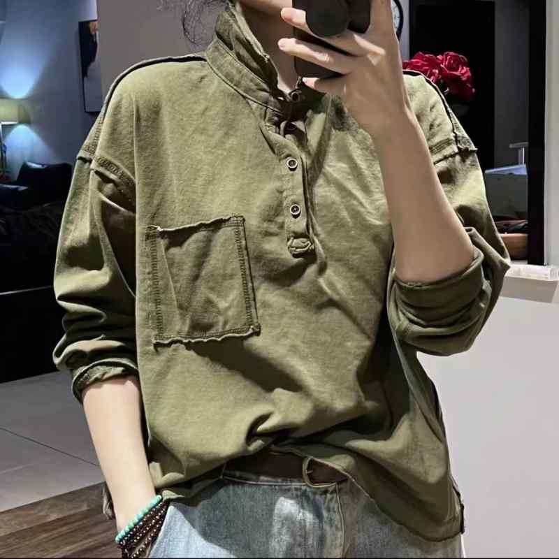 Tシャツ レディース 春 トップス 韓国風 コットン ゆったり 長袖 プルオーバー 襟付き 無地 カジュアル カットソー 毛羽立ち 4,717円