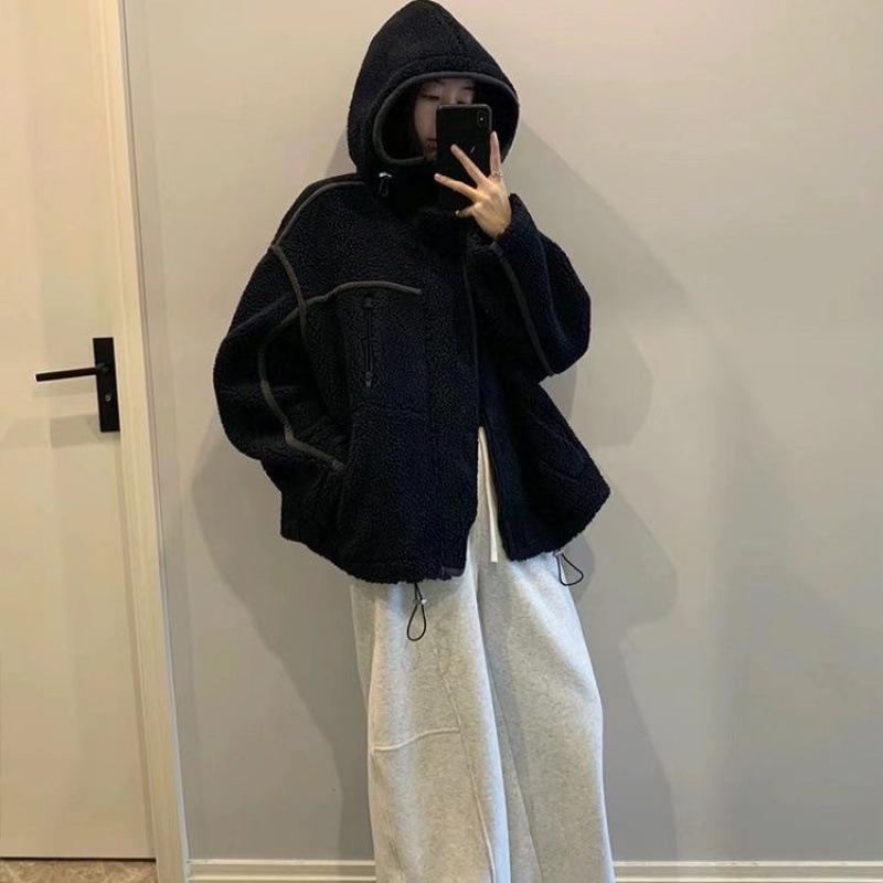 コート レディース ボアブルゾン 秋冬 韓国風 ゆったり 厚手 フェイクムートン ジャケット アウター フード付き ポリエステル 黒