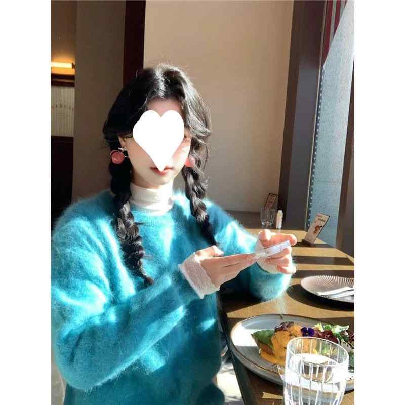 ニット レディース ブルー プルオーバー 秋冬 韓国風 ふわふわ 柔らかい 学院風 ニットセーター 青色 アクリル
