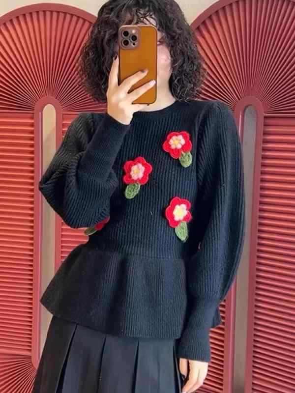ニット レディース 羊毛 セーター ゆったり 長袖 プルオーバー ラウンドネック 黒 ブラック 秋冬 レトロ かわいい エレガント 上品 通勤 オフィス カジュアル