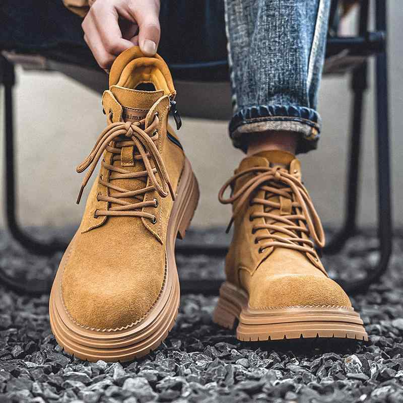 ブーツ メンズ 男性用 ワークブーツ 厚底 ミドルカット レザーシューズ レースアップ round toe 滑り止め 衝撃吸収 カーキ ブラウン 秋冬｜シャドーテール