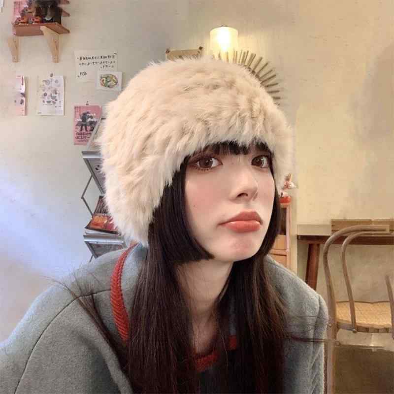 帽子 レディース 暖かい 真 兎 毛皮 一体 編み込み ニット 防寒 バケットハット 白 オフホワイト 秋冬