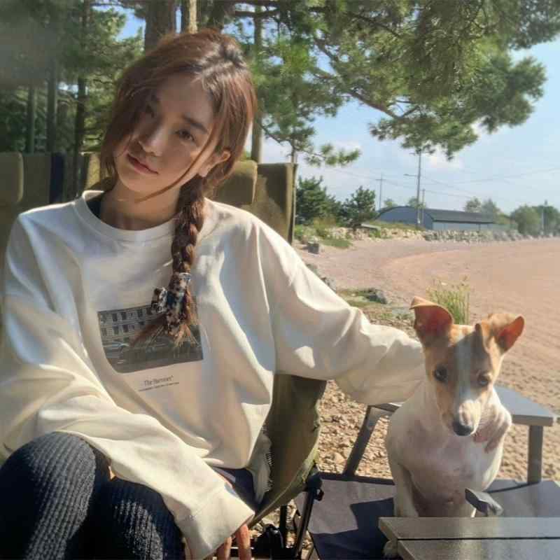 Tシャツ レディース 長袖 コットン 韓国風 小柄プリント クルーネック トップス カットソー カジュアルスタイル 白 グレー 秋冬
