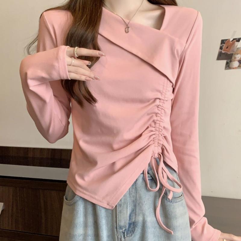 Tシャツ レディース 大きいサイズ Vネック 長袖 カットソー 粘・屬?? ピンク系 春物 プルオーバー トップス 不規則 ゆったり かわいい 体型カバー カジュアル