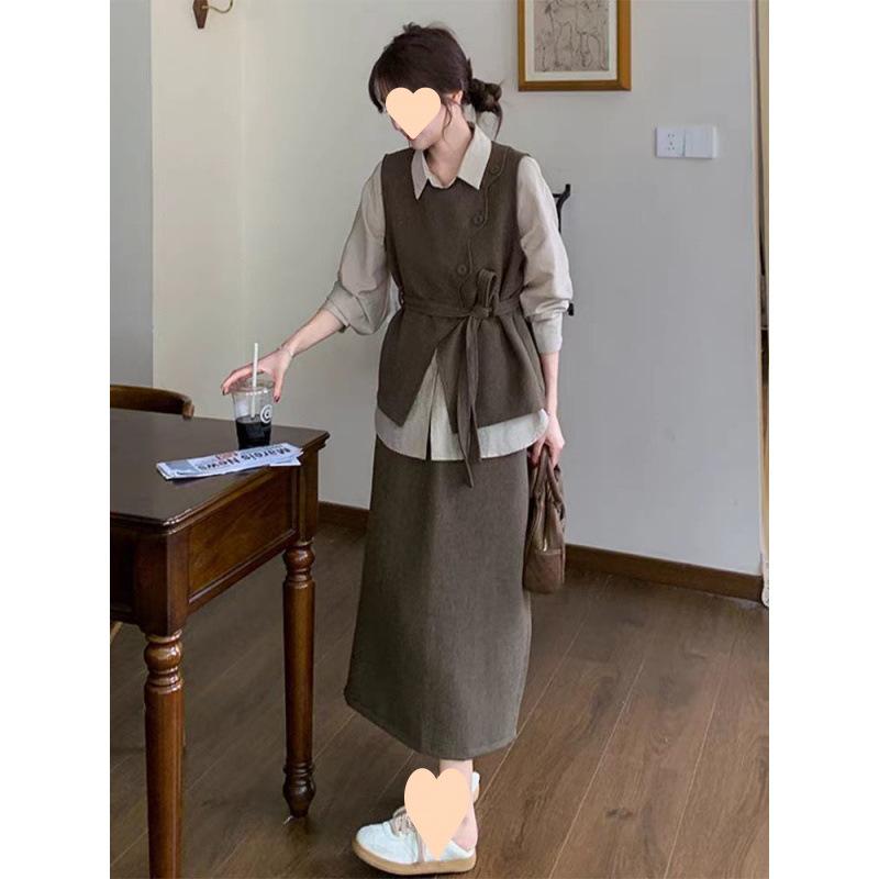 セットアップ レディース スーツ 春秋 スーツベスト ロングスカート 韓国風 きれいめ 通勤 オフィス カジュアル 3点セット ポリエステル