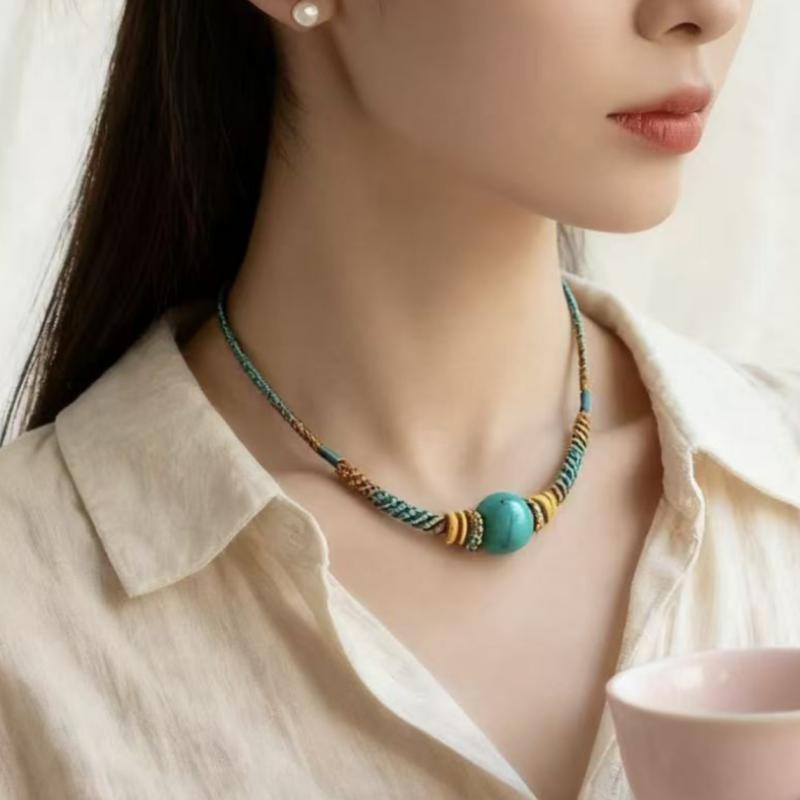 ネックレス ユニセックス 高品質 手編み 蝋石 天珠 ペンダント 丸玉 セーターチェーン アクセサリー 千里江山風 ブラック カーキ ブルー