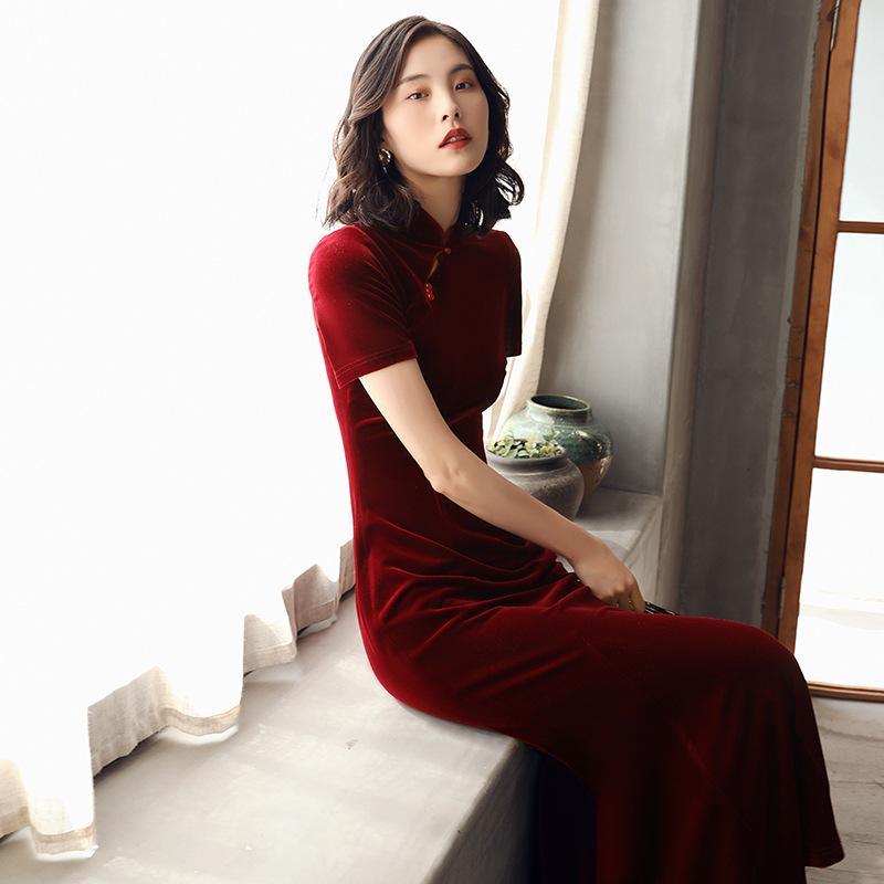 チャイナドレス レディース 魚尾 ロング ミモレ丈 ベルベット ベルベット風 旗袍ワンピース 結婚式 披露宴 パーティー 赤 レッド ポリエステル|シャドーテール