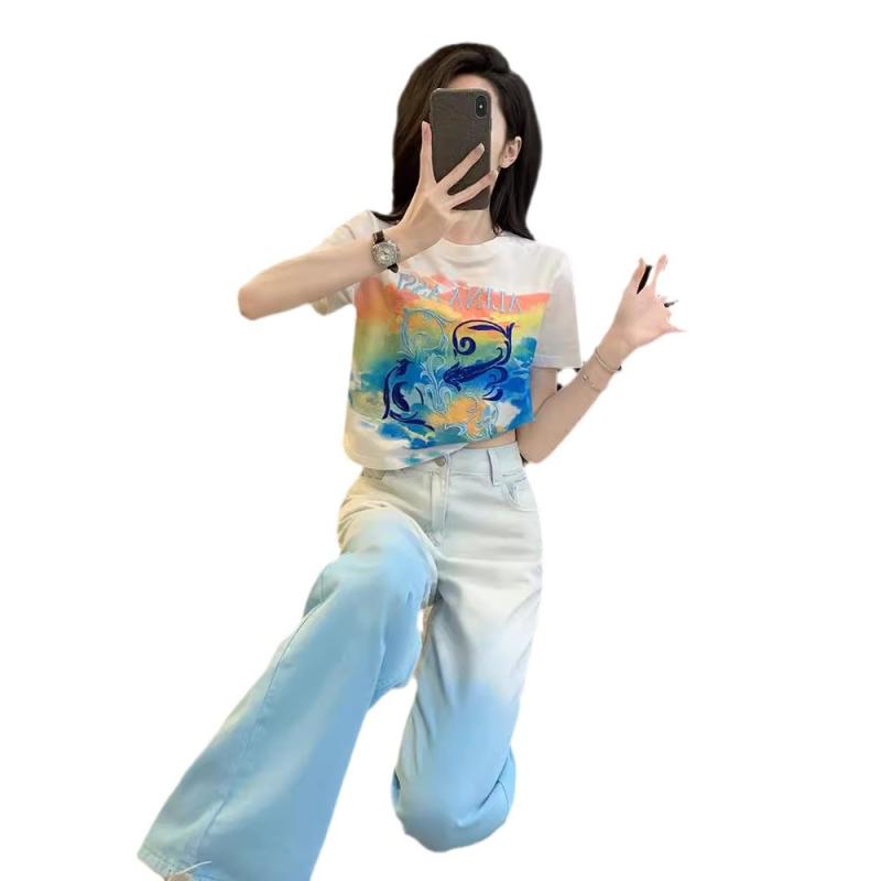 セットアップ レディース Tシャツ 半袖 グラデーション ワイドレッグ デニムパンツ 2点セット 綿混紡 日韓スタイル カジュアル リラックス 春夏