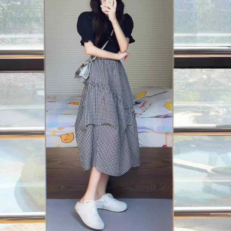 セットアップ レディース 小柄 格子柄 スカート 半袖 トップス 夏 2点セット 膝丈 清楚系 かわいい ブラック フェミニン