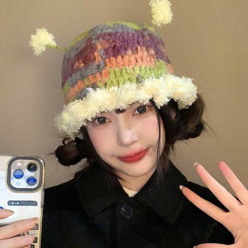 ニット帽 レディース 秋冬 防寒 暖かい かわいい 漁夫帽 バケットハット ミックスカラー 小顔効果 ベージュ ホワイト ピンク イエロー