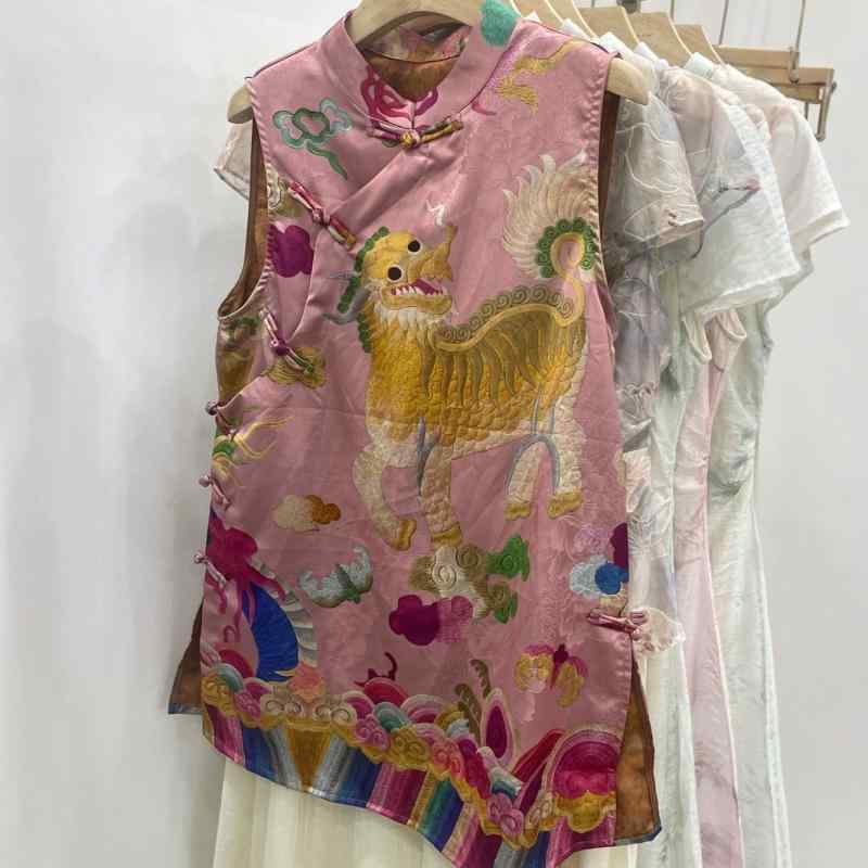チャイナドレス レディース 高級感 ピンク系 キリン柄 ジャガード 提花 斜め襟 チャイナボタン ノースリーブ ミニ丈ワンピース 接触冷感 中華風