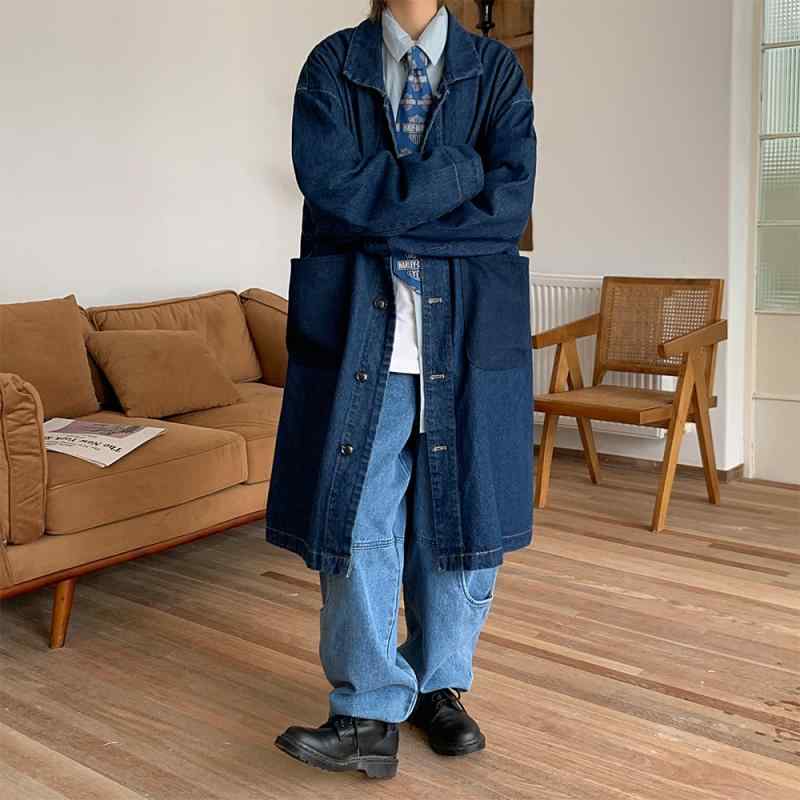 コート メンズ 男性用 デニム 春秋物 ストリート系 ゆったり 襟付き 長袖 ロング丈 アウター 深青色|シャドーテール