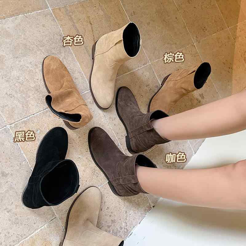 ショートブーツ レディース increment heels スエード調 ラウンドトゥ 太ヒール 耐摩耗性 ローカット プルオン 秋冬 黒 茶色 コーヒー色 杏色