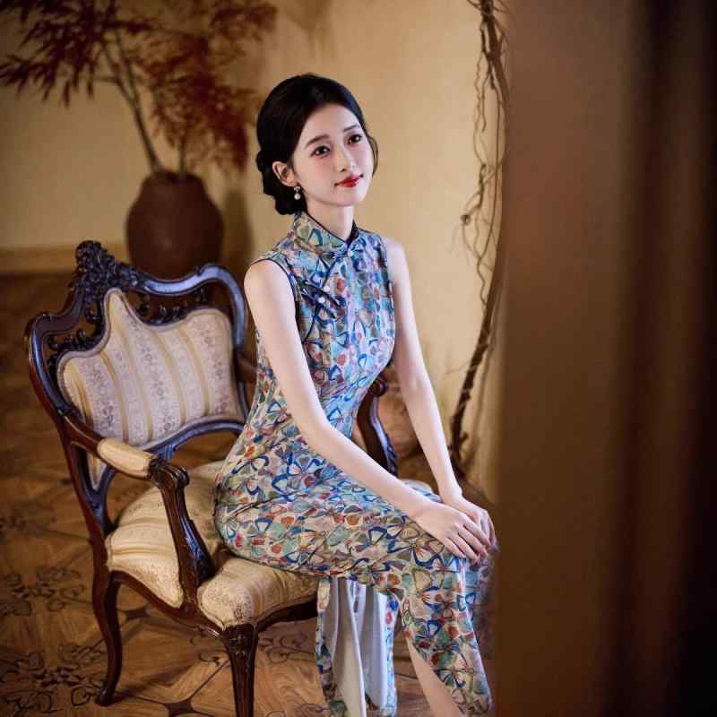 瀬戸もの御召しもの レディース 春夏 ノースリーブ 新中式 ロング丈 彩綿 リネン 立襟 曲がった名取り草 6192 レトロ 微伸ばすこと