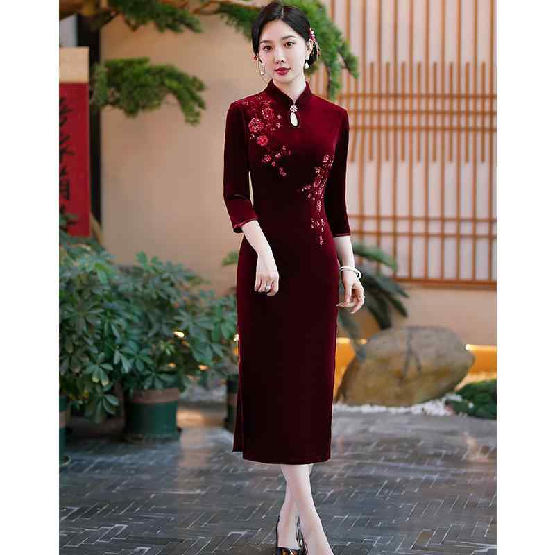 チャイナドレス レディース 春 パーティードレス ベルベット 結婚式 母親 フォーマルドレス ワンピース M L XL 2XL 3XL 4XL 5XL ポリエステル ワインレッド|シャドーテール