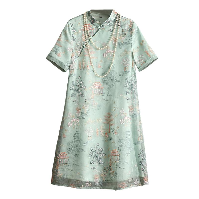 チャイナドレス レディース レトロ 刺繍 膝丈ワンピース チュール グリーン S/M/L/XL/XXL 宮廷風 パーティードレス 春夏