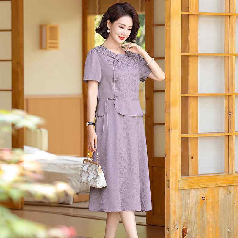 チャイナドレス レディース ミセス 夏 ワンピース 半袖 膝丈 ポリエステル 高齢者向け ママ服 ピンク パープル エレガント