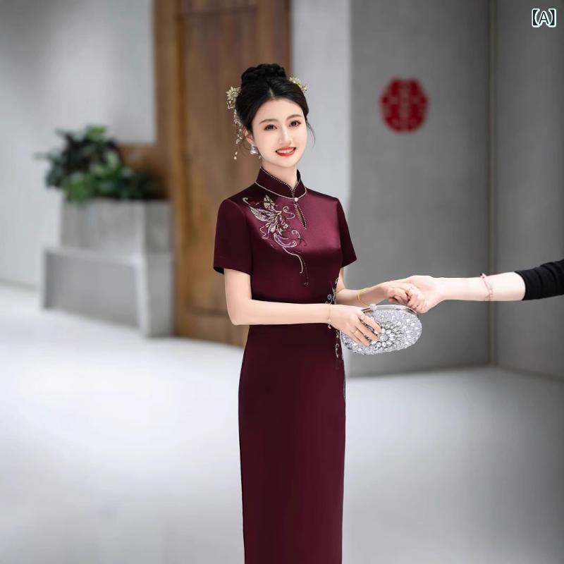 ワンピース レディース 春夏 チャイナドレス パープル系 礼服 婚活 パーティー 二次会 お呼ばれ 立襟 半袖 アセテート ポリエステル ロング丈 エレガント