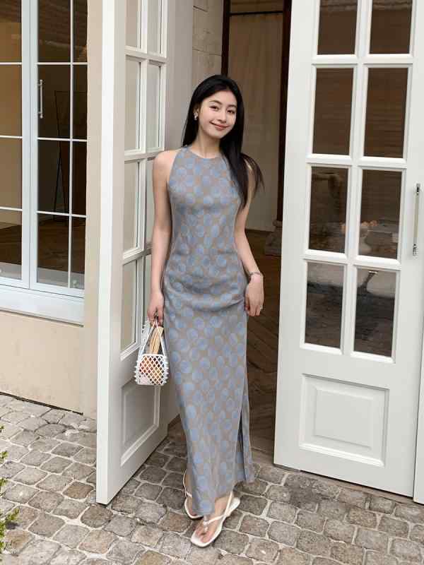 瀬戸ものお召しもの レディース 麻 リネン A字衣装 ノースリーブ ロング衣装 オレンジ色系 青色系 高腰 着痩せ成り行き 当たること冷感 雅びやか 通い