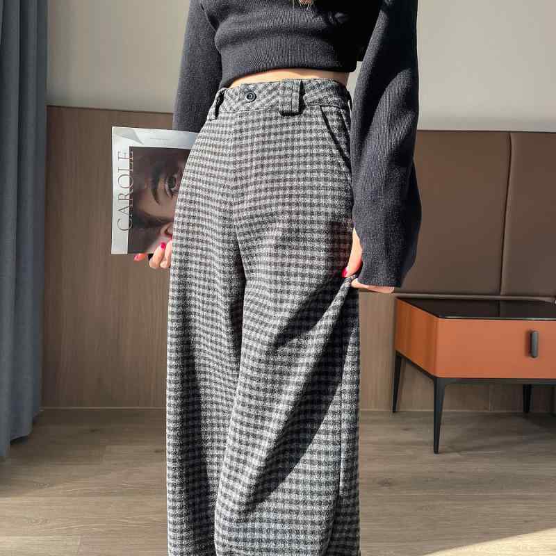 パンツ レディース 秋冬 チェック柄 ワイドレッグパンツ ゆったり ストレートパンツ スラックス きれいめ オフィス カジュアル 高身長 XS S M L XL 2XL グレー系 ブラウン系