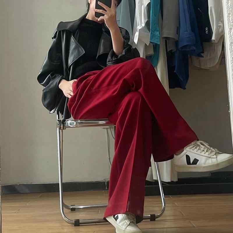 パンツ レディース ハイウエスト ワイドレッグパンツ ストレート クリスマスレッド ポリエステル混紡 ゆったり 厚手 秋冬 オフィス カジュアル エレガント