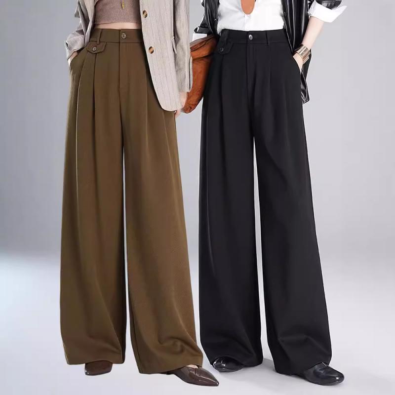 パンツ レディース 天絲ウール ワイドレッグパンツ 高腰 ストレート スーツパンツ 秋冬 ズボン ゆったり ウエストゴム ポケット付き ブラック グレー ブラウン レッド系｜シャドーテール